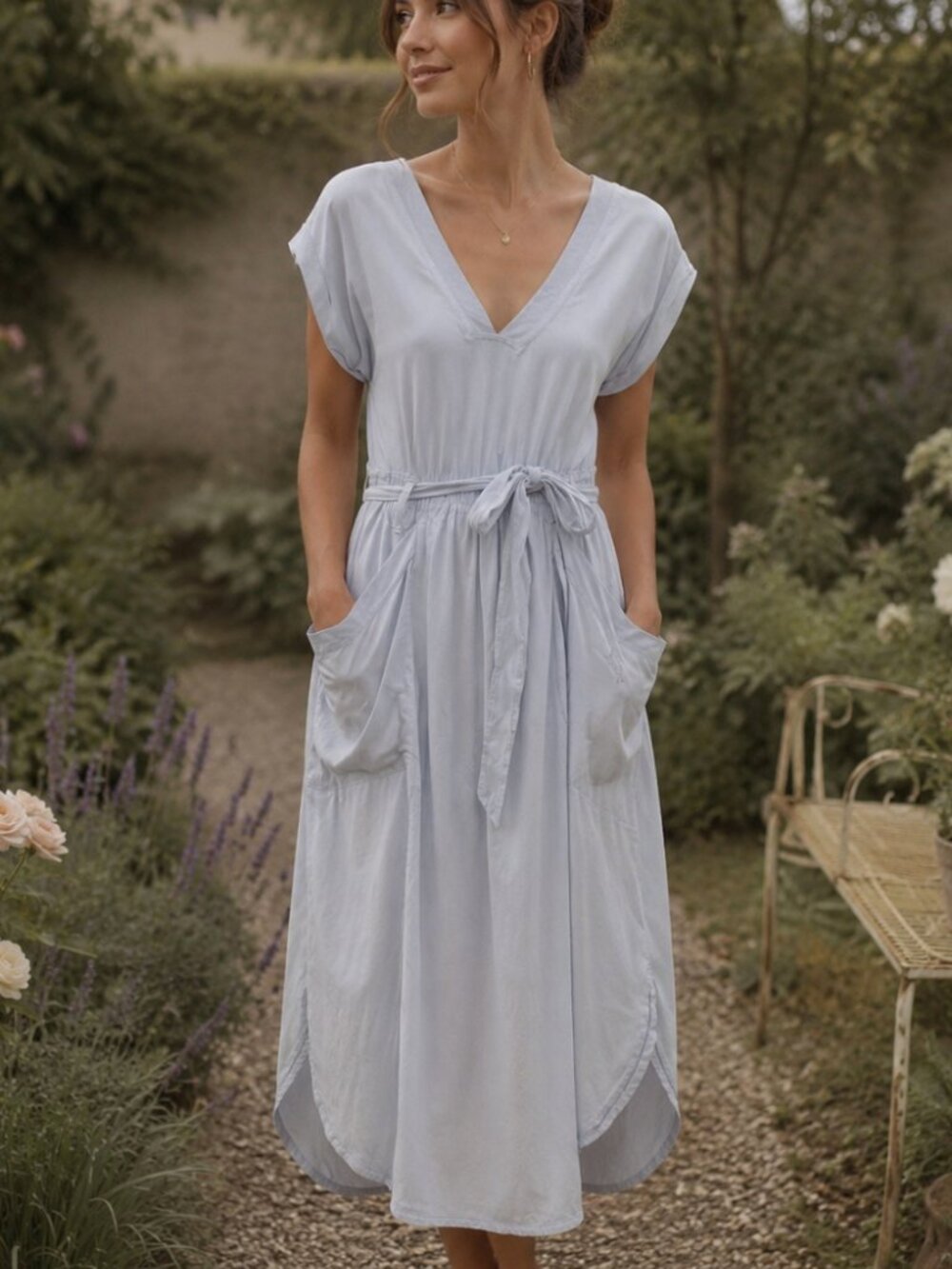 Daily Practice Anthropologie Light Blue V-Neck Tie-Waist Maxi Dress with Pockets